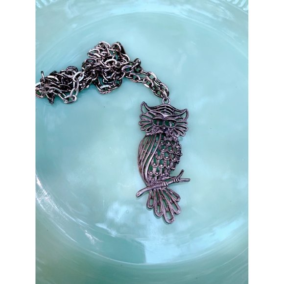 Vintage 1970s Pewter Owl Pendant Necklace Retro - Picture 7 of 10